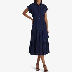 Ralph Lauren Dress Black Label Navy Blue Cotton Tiered Seersucker Womens 8